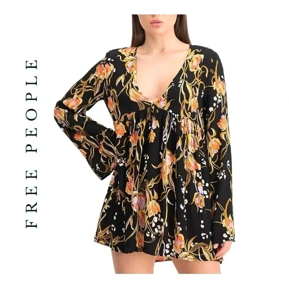 1515. FREE PEOPLE BELLA PRINT‎ MINI DRESS ONYX COMBO SIZE SMALL FLORAL PRINT